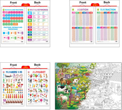 GIANT AT THE FARM COLOURING POSTER, 2 IN 1 ALPHABET AND NUMBER 1-10 chart, 2 IN 1 NUMBER & FRACTIONS AND MATHS KEYWORDS chart and 2 IN 1 ADDITION AND SUBTRACTION chart | Combo of 1 Colouring poster and 3 charts | Fun Learning Fusion for Young Explorers Paper Print(30 inch X 20 inch)