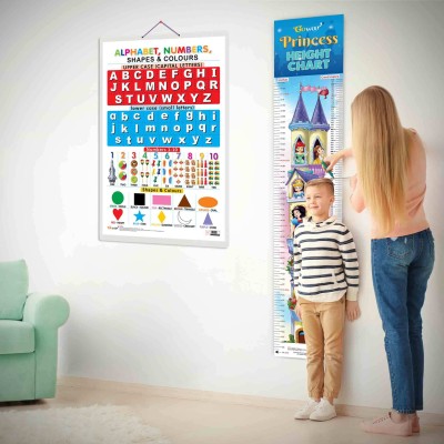 Alphabet, Numbers, Shapes & Colours and PRINCESS HEIGHT CHART | Set of 2 chart | Alphabet, Numbers, Shapes & Colours + Princess Height Chart Combo for students Paper Print(30 inch X 20 inch)