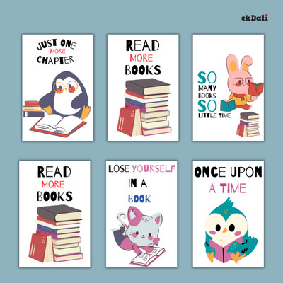 Set of 6 Fun Animal Prints for Book-Loving Kids Paper Print(12 inch X 6 inch)