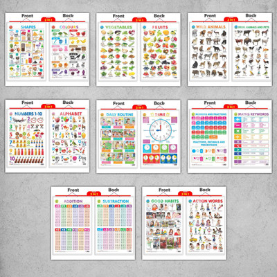 2 IN 1 DAILY ROUTINE AND TIME, 2 IN 1 ALPHABET AND NUMBER 1-10, 2 IN 1 NUMBER & FRACTIONS AND MATHS KEYWORDS, 2 IN 1 COLOURS AND SHAPES, 2 IN 1 FRUITS AND VEGETABLES, 2 IN 1 WILD AND FARM ANIMALS & PETS, 2 IN 1 GOOD HABITS AND ACTION WORDS and 2 IN 1 ADDITION AND SUBTRACTION | combos of 8 hard lamin