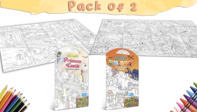 GIANT PRINCESS CASTLE COLOURING Charts and GIANT DINOSAUR COLOURING Charts | Combo pack of 2 Charts I Colourful Illustrated Charts Paper Print(16 inch X 10 inch)