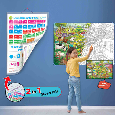 GIANT AT THE FARM COLOURING POSTER and 2 IN 1 NUMBER & FRACTIONS AND MATHS KEYWORDS| Combo of 1 Colouring Poster and 1 Chart |A Perfect Combo of Farm colouring Poster and 2 in 1 Learning Chart Paper Print(40 inch X 28 inch)