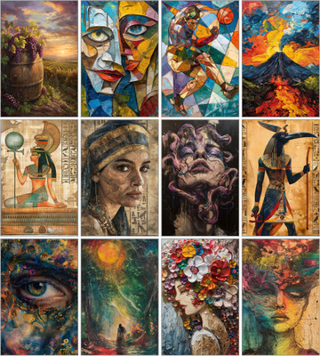 Myth & Muse Art Collection – Set of 12 A4 Fine Art Prints | 300 GSM Glossy Paper | Surreal Portraits, Abstract Mythology & Modern Expression | Premium Wall Art | Unframed 3D Poster(11.5 inch X 8.5 inch)