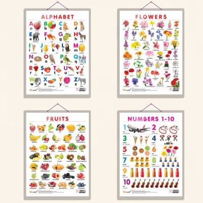 ALPHABET CHART HARD LAMINATED, FRUITS CHART HARD LAMINATED, FLOWERS CHART HARD LAMINATED, and NUMBER 1-10 CHART HARD LAMINATED | combo of 4 charts | Visual Exploration Trio for Young Minds Paper Print(20 inch X 15 inch)