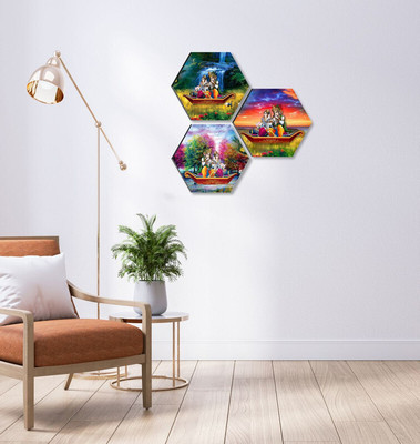 Radha Krishna Set OF 3 Hexagon UV Textured Self adhesive Wall Painting Digital Reprint 17 inch x 17 inch Painting (Without Frame, Pack of 3) Paper Print(17 inch X 17 inch)