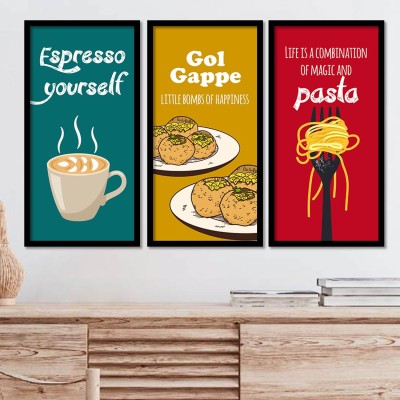 Restaurant Theme Wall Painting - Food Framed Wall Posters for Cafe, Food Court Wall Decor/ Kitchen Quote Wall art for Dinning Room (set of 3) Paper Print(19 inch X 10 inch, Framed)