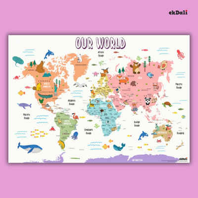 Interactive 24 x 33 Inch World Map for Kids: Teach Countries, Capitals & Animals Paper Print(36 inch X 24 inch)