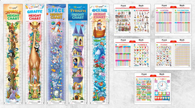 PRINCESS HEIGHT CHART, OCEAN HEIGHT CHART, JUNGLE HEIGHT CHART, GIRAFFE HEIGHT CHART, SPACE HEIGHT CHART, 2 IN 1 GOOD HABITS AND ACTION WORDS, 2 IN 1 ADDITION AND SUBTRACTION, 2 IN 1 PHONICS 1 AND PHONICS 2, 2 IN 1 HINDI VARNMALA AND BAARAHKHADEE and 2 IN 1 DAILY ROUTINE AND TIME| combos of 5 height