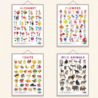 ALPHABET CHART HARD LAMINATED, FRUITS CHART HARD LAMINATED, FLOWERS CHART HARD LAMINATED, and WILD ANIMALS CHART HARD LAMINATED | combo of 4 charts | Colorful Insights Ensemble Paper Print(20 inch X 15 inch)