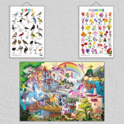 GIANT UNICORN COLOURING POSTER, Birds chart, and Flowers chart| combo of 1 poster and 2 charts|Enchanted Learning with Giant Unicorn Poster and Birds & Flowers Charts Paper Print(30 inch X 20 inch)