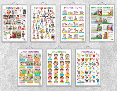 Good Habits, Action Words, PREPOSITIONS, EMOTIONS, DAILY ROUTINE, NURSERY RHYMES and PHONICS - 2 Chart | Combo of 7 Charts | Language & Life Essentials: A 7-Chart Set Paper Print(30 inch X 20 inch)