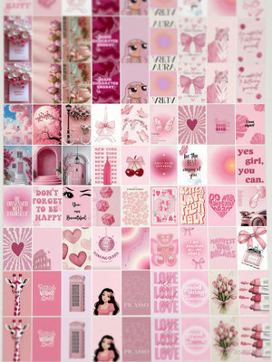 PINK Aesthetic Wall Collage Kit for Room Decor | Set of 54 Aesthetic Posters | 300 GSM Artcard Paper | Size 4x6 Inch | Unframed | (PINK) | Free Tape . Photographic Paper(6 inch X 4 inch, CARDBORD & POLLY BAG)
