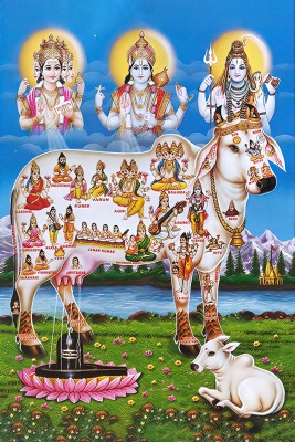 hindu religious Kamdhenu Cow with Brahma Vishnu Mahesh/Shiva Giving Blessing vinyl sticker poster II (30cm x 45cm) (unframed) II jican5051-1 Fine Art Print(18 inch X 12 inch)