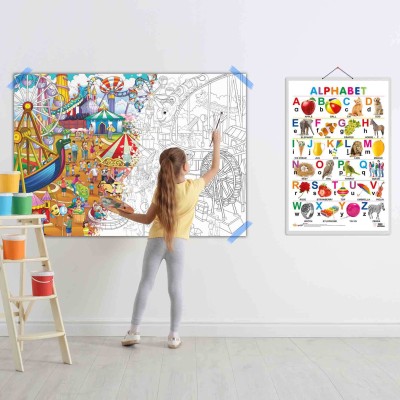 Alphabet and GIANT AMUSEMENT PARK COLOURING POSTER|Set of 1 chart+1 colouring poster|Fun-filled Adventure Paper Print(40 inch X 28 inch)