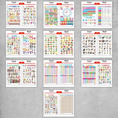 2 IN 1 ALPHABET AND NUMBER 1-10, 2 IN 1 DAILY ROUTINE AND TIME, 2 IN 1 NUMBER & FRACTIONS AND MATHS KEYWORDS, 2 IN 1 COLOURS AND SHAPES, 2 IN 1 FRUITS AND VEGETABLES, 2 IN 1 WILD AND FARM ANIMALS & PETS, 2 IN 1 GOOD HABITS AND ACTION WORDS, 2 IN 1 ADDITION AND SUBTRACTION, 2 IN 1 PHONICS 1 AND PHONI