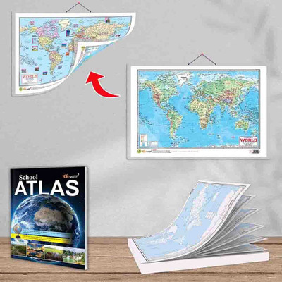 SMALL - 100 WORLD RIVER OUTLINE MAP FOR SCHOOL, 2 IN 1 WORLD POLITICAL AND PHYSICAL MAP IN ENGLISH and SCHOOL ATLAS (ENGLISH) - MAPLITHO | 1 map pad + 1 map chart + 1 school atlas book |2-in-1 Political and Physical Map for School Student Paper Print(30 inch X 20 inch)