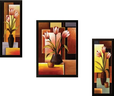 saf Set of 3 Flower Pot Digital Reprint 22.5 inch x 13.5 inch Painting(With Frame, Pack of 3)