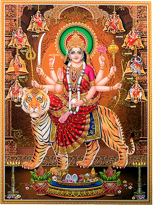NavDurga UV Golden Glitter Poster | Nine Forms of Durga with Vaishno Devi Tridevi | Divine Hindu Goddess Brown Back Ground Wall Art for Home, Temple & Navratri Decor Fine Art Print(30 inch X 20 inch, Rolled)