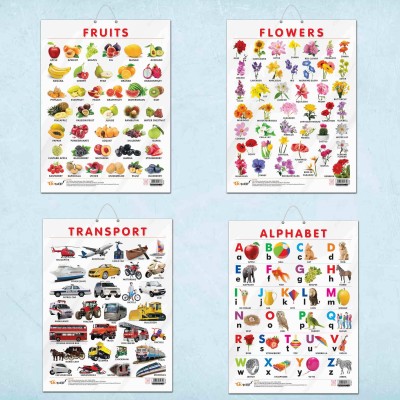 ALPHABET CHART GLOSS LAMINATED, FRUITS CHART GLOSS LAMINATED, FLOWERS CHART GLOSS LAMINATED, and TRANSPORT CHART GLOSS LAMINATED | combo of 4 charts |Vivid Learning Adventures Unveiled Paper Print(20 inch X 15 inch)