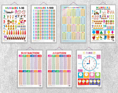Numbers 1-10, Numbers 1-100, Multiplication Table 1-20, Numbers, Shapes & Colours, TIME, SUBTRACTION and ADDITION Charts | Combo of 7 Charts | Math & More: A Comprehensive 7-Chart Set Paper Print(30 inch X 20 inch)
