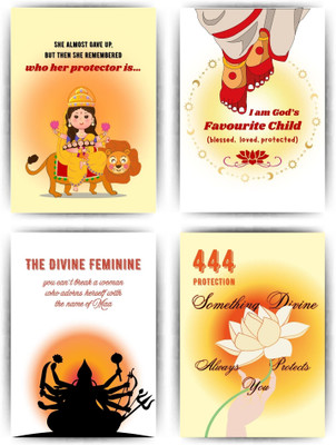 Durga Ji Devotional Wall Posters | Set of 4 A4 Spiritual Motivational Quotes | 300 GSM with Wall Friendly Tape| Study table decor and Mandir decor Fine Art Print(11.69 inch X 8.27 inch, Flat Sturdy Box)