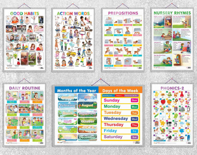 Good Habits, Action Words, PREPOSITIONS, MONTHS OF THE YEAR AND DAYS OF THE WEEK, DAILY ROUTINE, NURSERY RHYMES and PHONICS - 2 Chart | Combo of 7 Charts | Early Learning Essentials: A 7-Chart Set Paper Print(30 inch X 20 inch)
