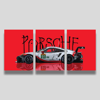 Porsche Racing Car 3-Piece Split Poster Set, 300 GSM HD Prints with Adhesive Back, Glossy FInish, Aesthetic Room Decor Photographic Paper(12 inch X 8 inch, Box)