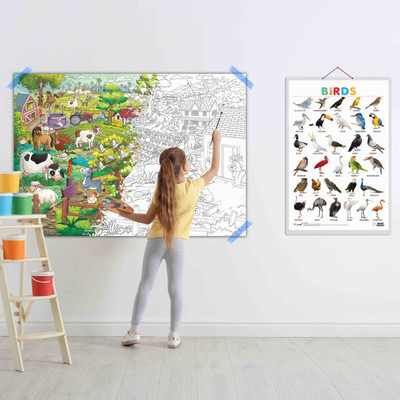 GIANT AT THE FARM COLOURING POSTER and Birds | Combo of 1 Colouring Poster and 1 Chart | Enhance Learning and Creativity with the combo of Farm Colouring and Birds chart Paper Print(40 inch X 28 inch)