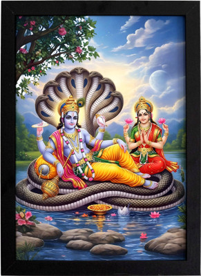 Lord Maha Vishnu Lakshmi Devi Photo Frame | Vishnu Maha Lakshmi Wall Art | Spiritual Hindu God Home & Temple Decor | Divine Gift Item | Black Glass Framed Poster Fine Art Print(12 inch X 9 inch, BOX PACKING)