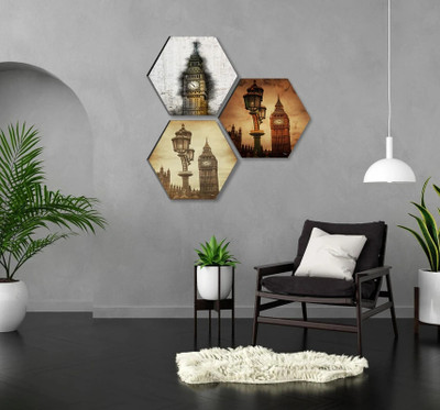Abstract Building Set OF 3 Hexagon UV Textured Self adhesive Wall Painting Digital Reprint 17 inch x 17 inch Painting (Without Frame, Pack of 3) Paper Print(17 inch X 17 inch)