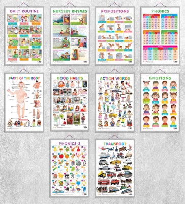 Parts of the Body, Good Habits, Action Words, Transport, EMOTIONS, DAILY ROUTINE, NURSERY RHYMES, PREPOSITIONS, PHONICS - 1 and PHONICS - 2| set of 10 hard laminated charts|Educational Chart Set for Young Minds Paper Print(30 inch X 20 inch)