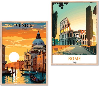 Premium Painting with Frame for Home Decoration - Rome City Illustration Framed Poster Painting for Living Room Bedroom Office Room Wall Decor - Pack of 2 Paper Print(17 inch X 13 inch, Framed)