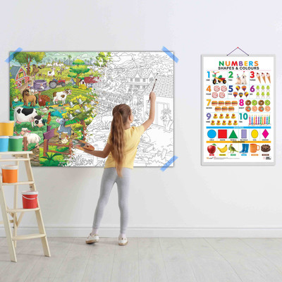 GIANT AT THE FARM COLOURING POSTER and Numbers, Shapes & Colours| combo of 1 colouring Poster and 1 chart | The Interactive Farm Coloring Poster and Fun Number, Shapes & Colours Learning Chart for Kids Paper Print(40 inch X 28 inch)