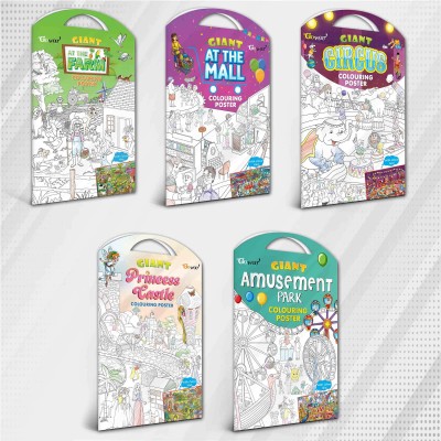 GIANT AT THE FARM COLOURING POSTER, GIANT AT THE MALL COLOURING POSTER, GIANT PRINCESS CASTLE COLOURING POSTER, GIANT CIRCUS COLOURING POSTER and GIANT AMUSEMENT PARK COLOURING POSTER| combo of 5 colouring posters|Big Adventures in Coloring: Explore the Farm, Mall, Princess Castle, Circus, and Amuse
