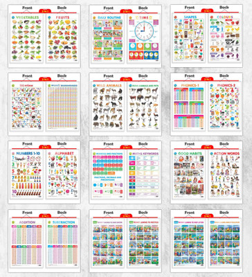2 IN 1 DAILY ROUTINE AND TIME, 2 IN 1 ALPHABET AND NUMBER 1-10, 2 IN 1 NUMBER & FRACTIONS AND MATHS KEYWORDS, 2 IN 1 COLOURS AND SHAPES, 2 IN 1 FRUITS AND VEGETABLES, 2 IN 1 WILD AND FARM ANIMALS & PETS, 2 IN 1 GOOD HABITS AND ACTION WORDS, 2 IN 1 ADDITION AND SUBTRACTION, 2 IN 1 PHONICS 1 AND PHONI