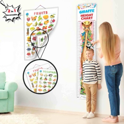 2 IN 1 FRUITS AND VEGETABLES and GIRAFFE HEIGHT CHART | Set of 2 chart 1 Educational + 1 Height Chart | A Fun Learning Combo Pack of Fruits, Vegetables and Giraffe Height Chart Paper Print(30 inch X 20 inch)