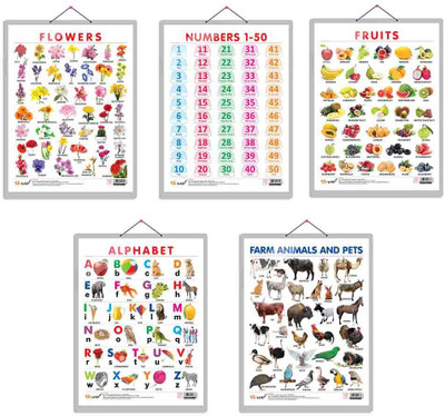 ALPHABET CHART HARD LAMINATED, FRUITS CHART HARD LAMINATED, FLOWERS CHART HARD LAMINATED, FARM ANIMALS AND PETS CHART HARD LAMINATED, and NUMBER 1 -50 CHART HARD LAMINATED | combo of 5 charts | Harmony of Knowledge Charts Paper Print(20 inch X 15 inch)