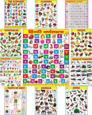 All in one Learning Chart Poster set for Kids | 45×60cm | ABC'D Chart | Combo of 11 Charts | Non-Tearable and Waterproof | Perfect for Homeschooling, Kindergarten and Nursery Student Fine Art Print(18 inch X 23 inch, 11 chart with box packging)