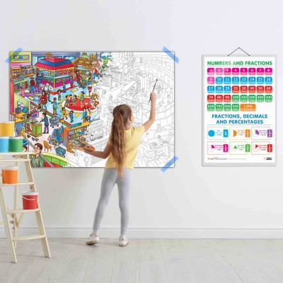 NUMBERS AND FRACTIONS CHART and GIANT AT THE MALL COLOURING POSTER | Combo of 1 Chart & 1 Poster | Exploring Numbers, Fractions, and Colors in a Giant Poster. Paper Print(40 inch X 28 inch)