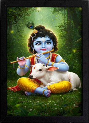 Little Krishna Photo Frame | Baby Krishna with Sacred Cow Wall Painting | Spiritual Hindu God Home & Temple Wall Art | Devotional Home Decor & Gift Item | Black Glass Framed Poster Fine Art Print(12 inch X 9 inch, BOX PACKING)