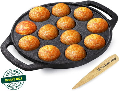 The Indus Valley Pre-Seasoned Cast Iron Paniyaram Pan With Spatula - 8.3 inch, 12 pit Paniarakkal Set 0 L capacity 21 cm diameter(Cast Iron)