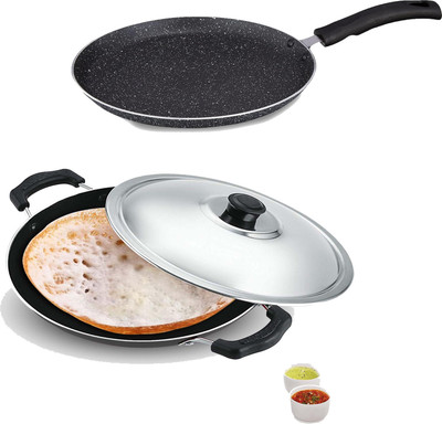 JIGGL Non Stick Appachetty with Stainless Steel Lid & Aluminium Non-Stick Dosa Tawa K2 Tawa 27.5 cm diameter with Lid(Aluminium, Non-stick)
