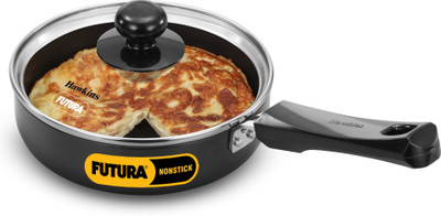 Hawkins Futura Frying Pan with Glass Lid, Black (INF16G) Fry Pan 16 cm diameter with Lid 0.6 L capacity(Aluminium, Non-stick, Induction Bottom)