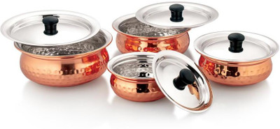 Dynore Steel Premium Quality Copper Plated Hammered Finish Handi Set With SS lid Handi 0.45 L, 0.65 L, 0.75 L, 1.15 L with Lid(Stainless Steel)