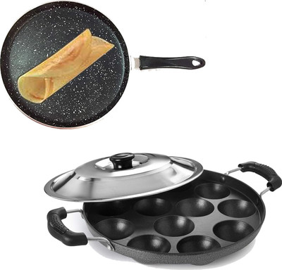 NARV Non-stick Dosa Tawa, Cool Touch Bakelite Handle with Spatula & Appam Patra K2 Tawa 21 cm diameter with Lid(Aluminium, Non-stick)