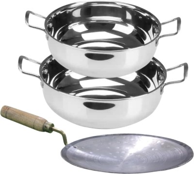 SHINI LIFESTYLE TRIPLY Induction Stainless Steel Kadhai 20cm,22cm with Loha Tawa Kadhai 20 cm diameter 1.5 L capacity(Stainless Steel, Induction Bottom)