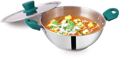 The Indus Valley Stainless Steel 3-layer Bottom Kadai with Green Bakelite Handle - Small 8.9 inch Kadhai 22.6 cm diameter with Lid 2.1 L capacity(Stainless Steel, Induction Bottom)