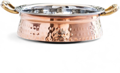 IndianArtVilla Steel Copper Handi/Casserole Bowl With Induction Bottom & Brass Knob and Handle Pot 22.35 cm diameter 800 L capacity with Lid(Copper)