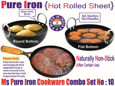 VeerEnterprises MS Pure Iron/Loha Combo Set of Kadai's & Wooden Handle Frying Pan no 10 Kadhai 25 cm diameter 2 L capacity(Iron)