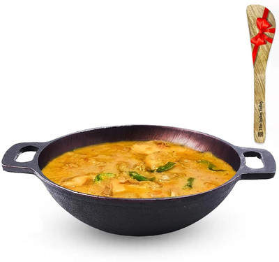 The Indus Valley Super Smooth Cast Iron Kadai with Free Wooden Flip - 10 inch Kadhai 25.4 cm diameter 2.5 L capacity(Cast Iron)